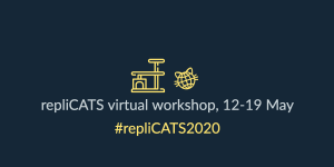 Icon of a cat platform, virtual cat and a title, "repliCATS virtual workshop, 12-19 May" and hashtag repliCATS2020